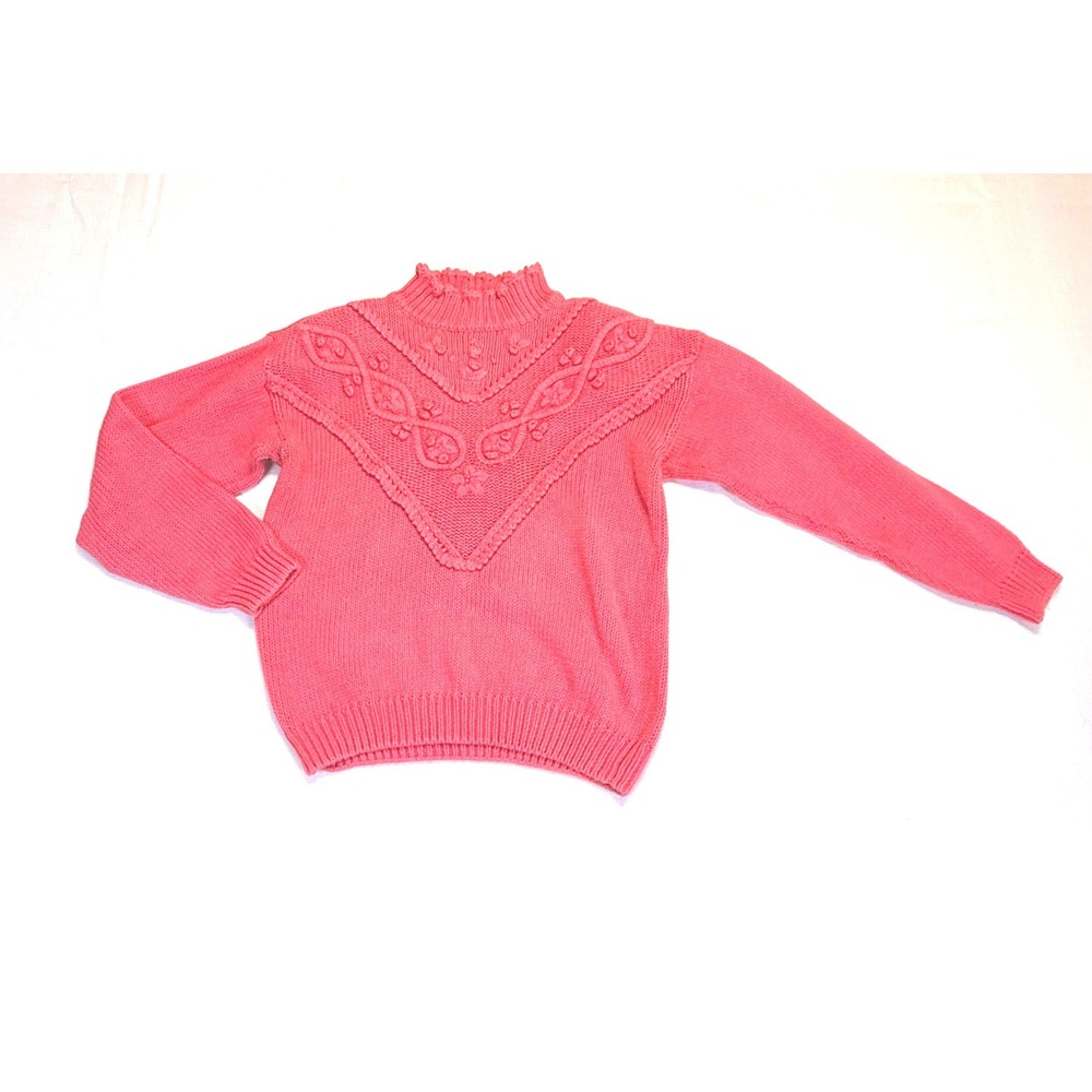 Vintage Nuggets Pink‎ Mock Neck Cable Knit Sweater Flowers Textured Women's M